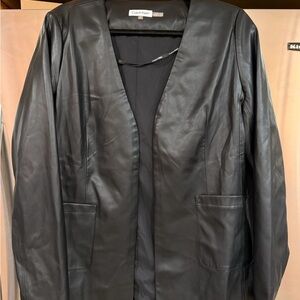 Calvin Klein Black Faux Leather Open-Front Jacket with Patch Pockets